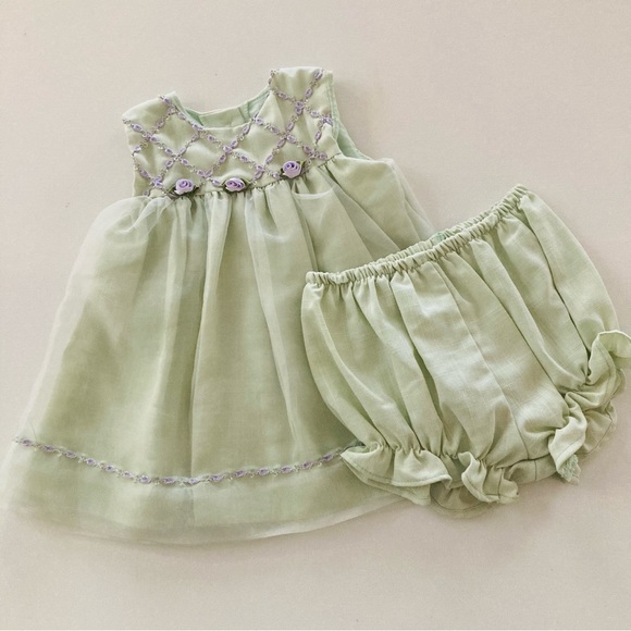 Vintage Bryan Baby Girl 18 Months Sage Green Tulle Dress Diaper Cover Set - Picture 1 of 8